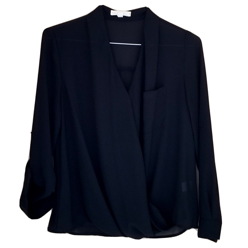 LOVE TREE HAPPENS Blouse Womens L Black Roll-Up Sleeve Sheer V-Neck Preppy Work